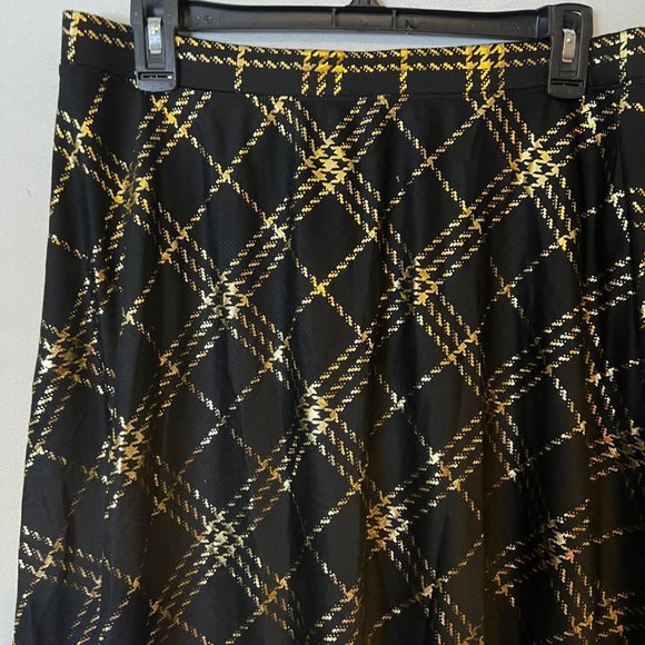 Laura Scott Skirt Black Gold Metallic Checkered A Line Pleated Pull On Womens - Picture 2 of 8